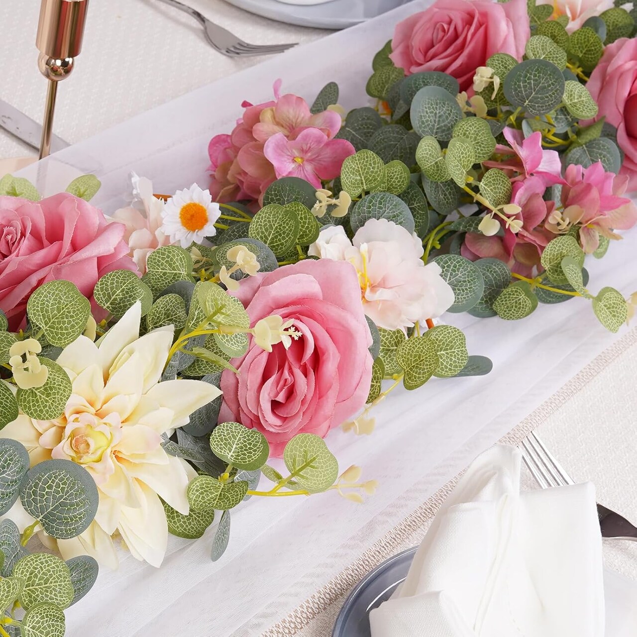 Artificial Pink Flower Garland Decor, 6.07Ft Dahlia Garland Eucalyptus Greenery (Pink)